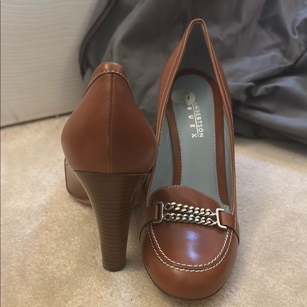 Elegant Brown Lambertson Truex  Leather Heels with White Stitching